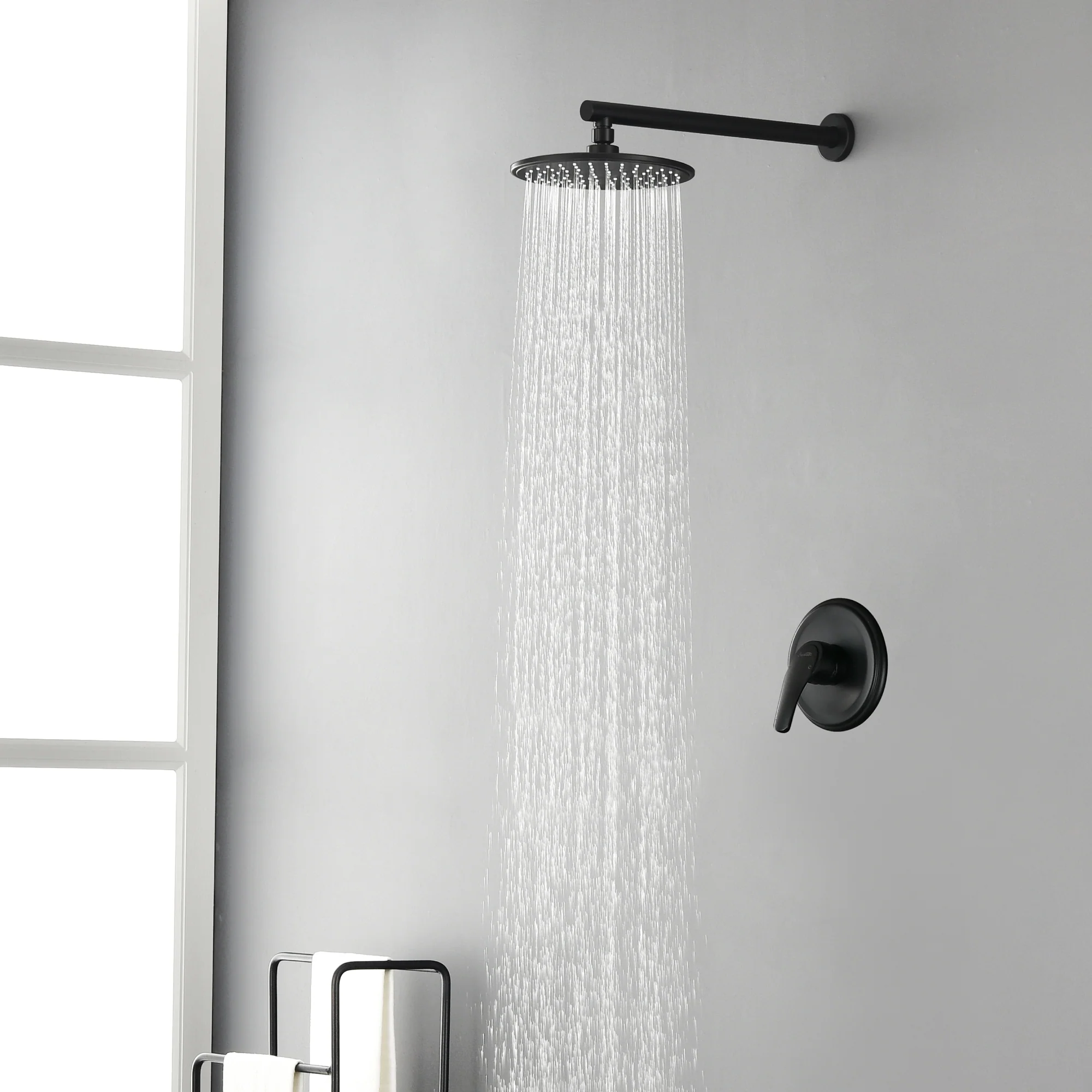 Round Shower Faucets Sets Complete, Single Function Shower trim kit with 9 inch ABS rain shower head