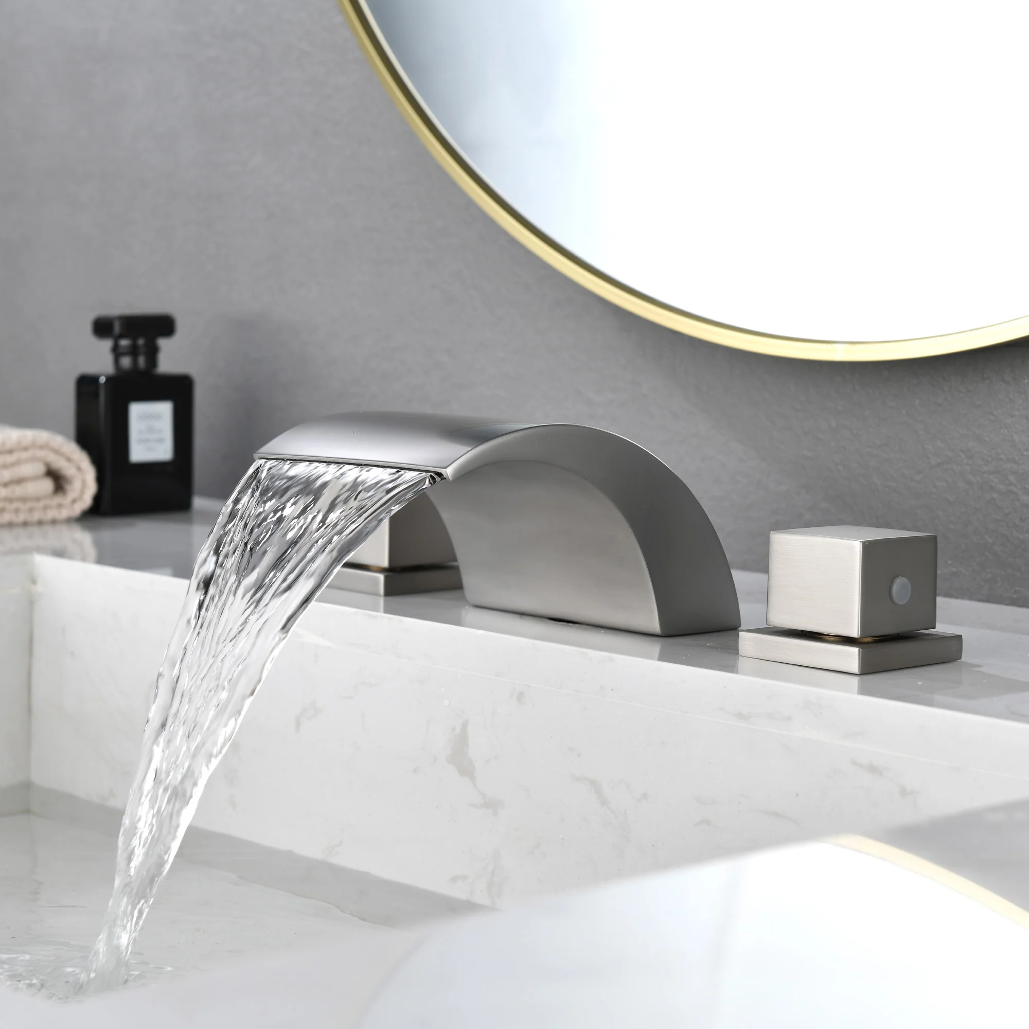 Deck Mount Bathtub Faucet, Waterfall Roman Tub Filler Faucet Two Square Handle Bathroom Sink Faucet