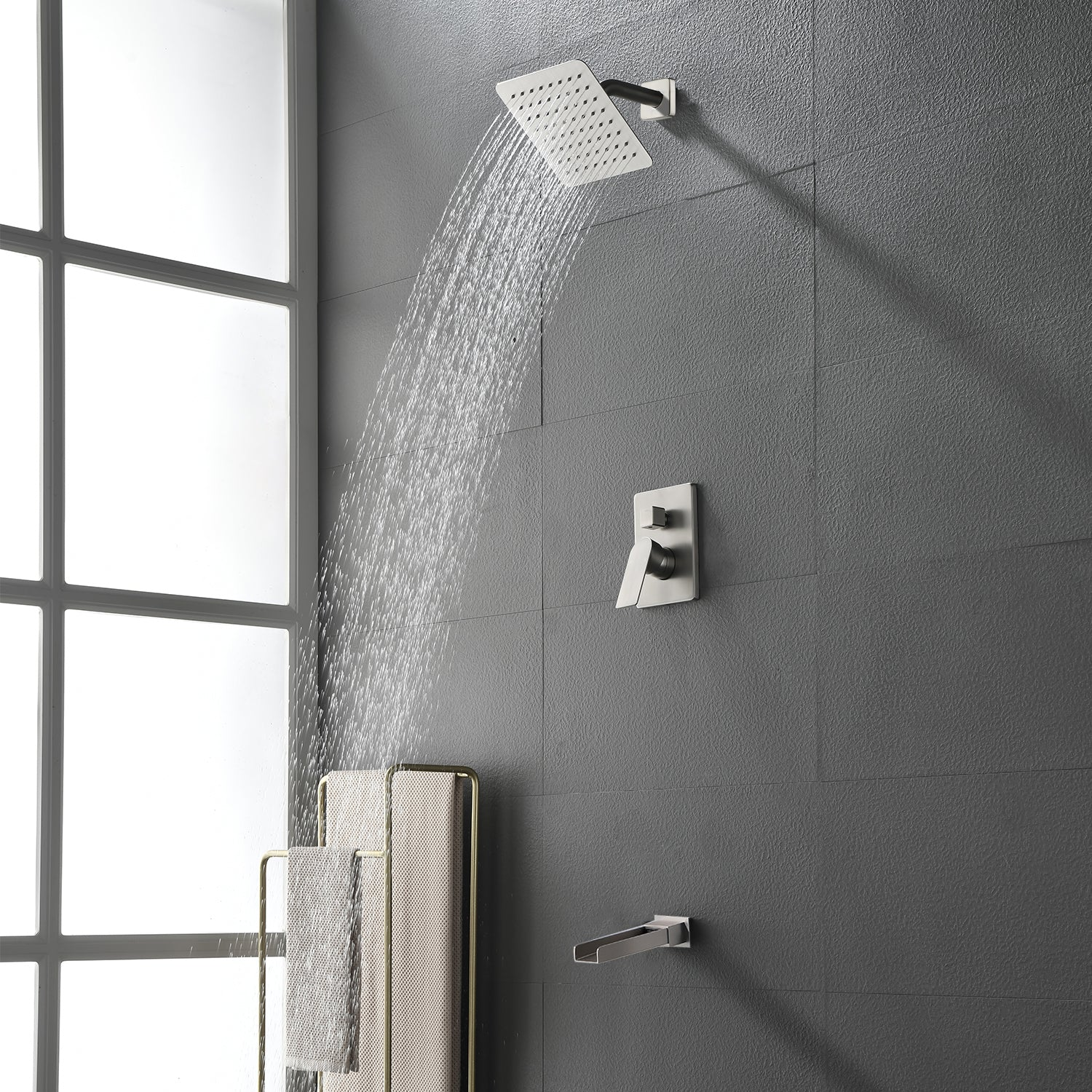 8" Square Rain Shower Head Systems with Waterfall Tub Spout,2 Functions Wall Mounted Shower Trim Kit