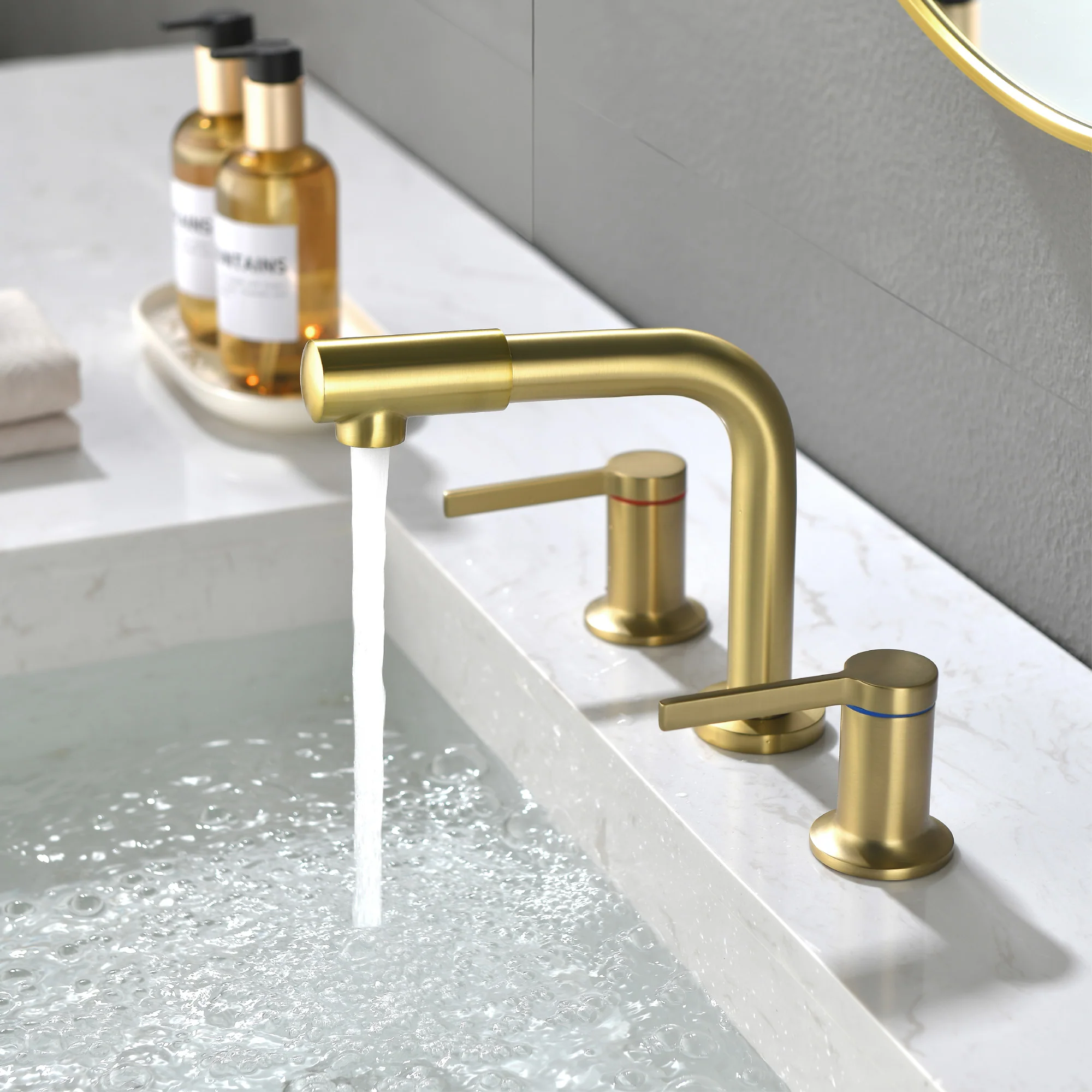 Widespread Bathroom Faucet with 360 Degree Swivel Nozzle and Spout 2 Unique Knob Handles Bathroom Sink Faucet 3 Hole