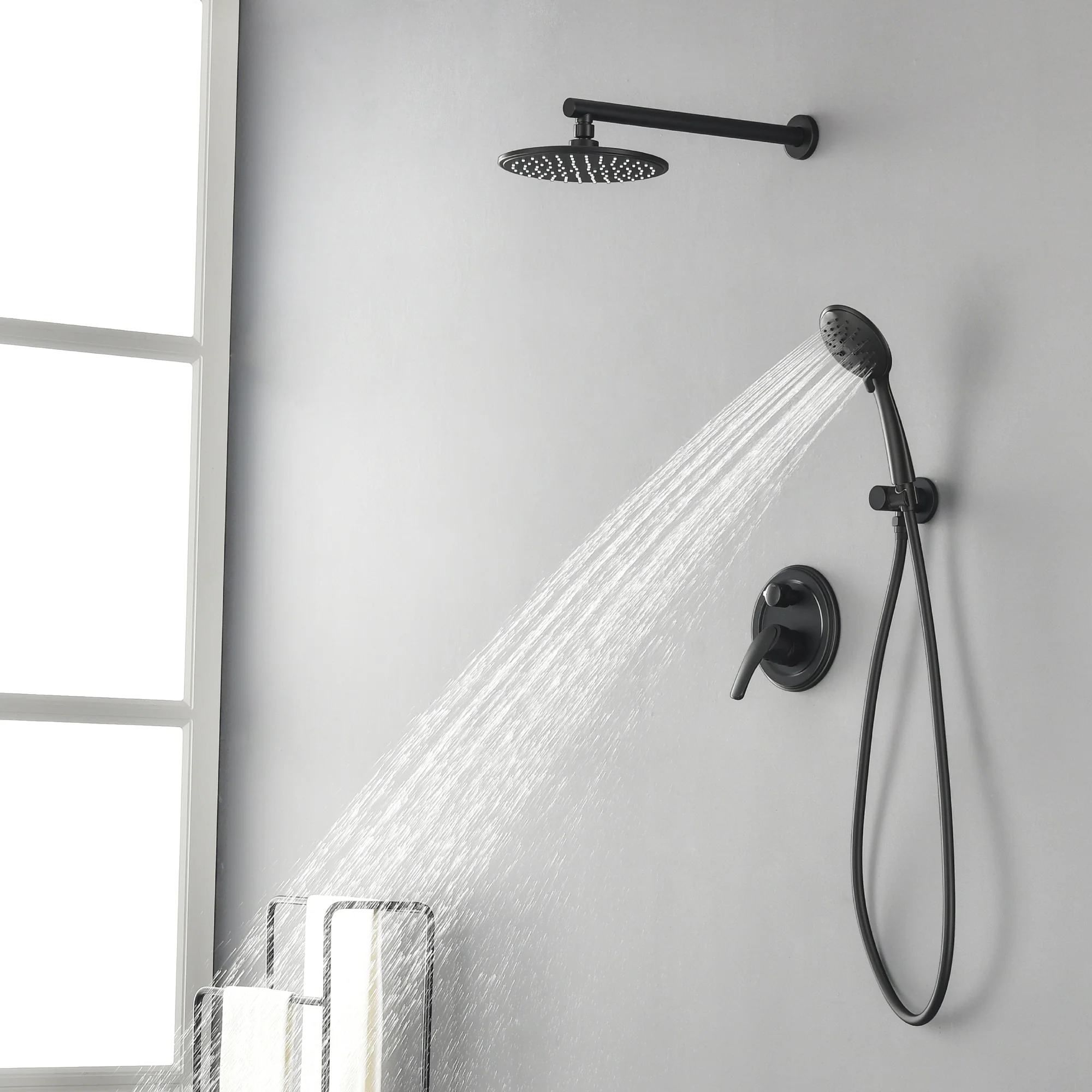 Wall Mounted Shower System Set with 9" Rain Shower head and 5-Setting High Pressure Handheld Shower