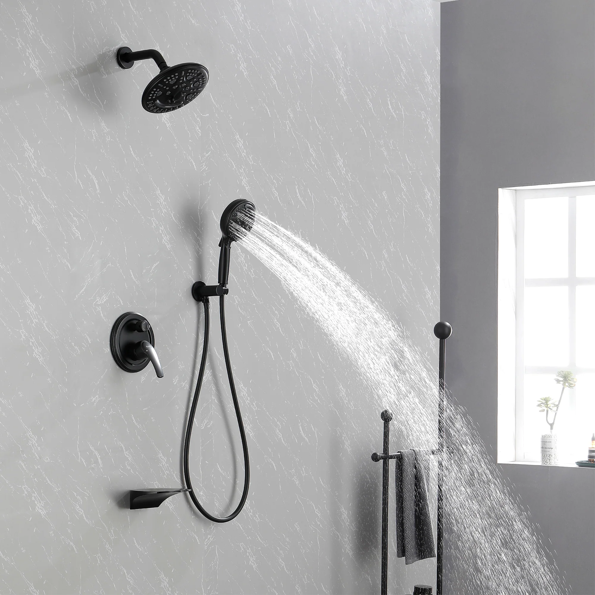 Luxury Tub Shower Faucet Set with Round-in Valve, Wall Mounted Shower System with Waterfall Tub Spout and 6-Setting Rain Shower Head with 9-Setting Handheld