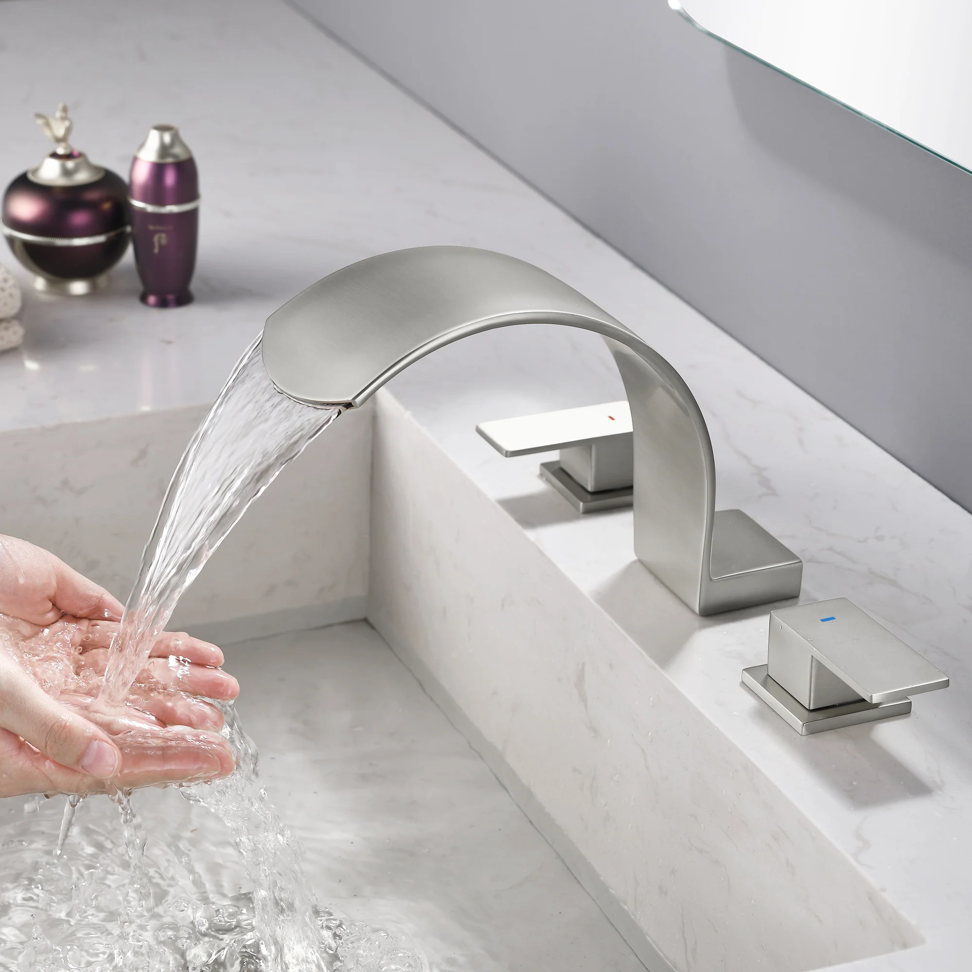 Deck Mounted Waterfall 8" Widespread Bathroom Sink Faucet 3 Holes,Double Handle Basin Mixer Tap