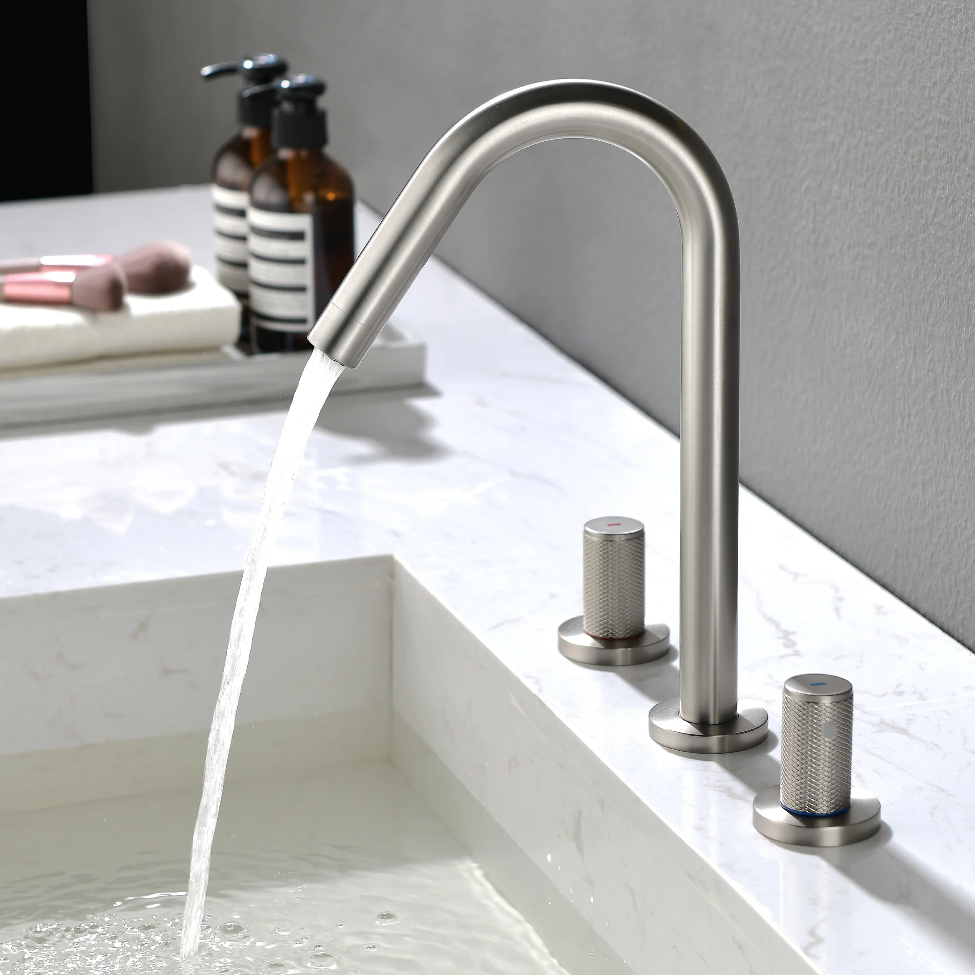 2 Handle Bathroom Faucets for Sink 3 Hole, High-Arch Swivel Spout Deck Mounted 8 Inch Widespread Basin Faucet