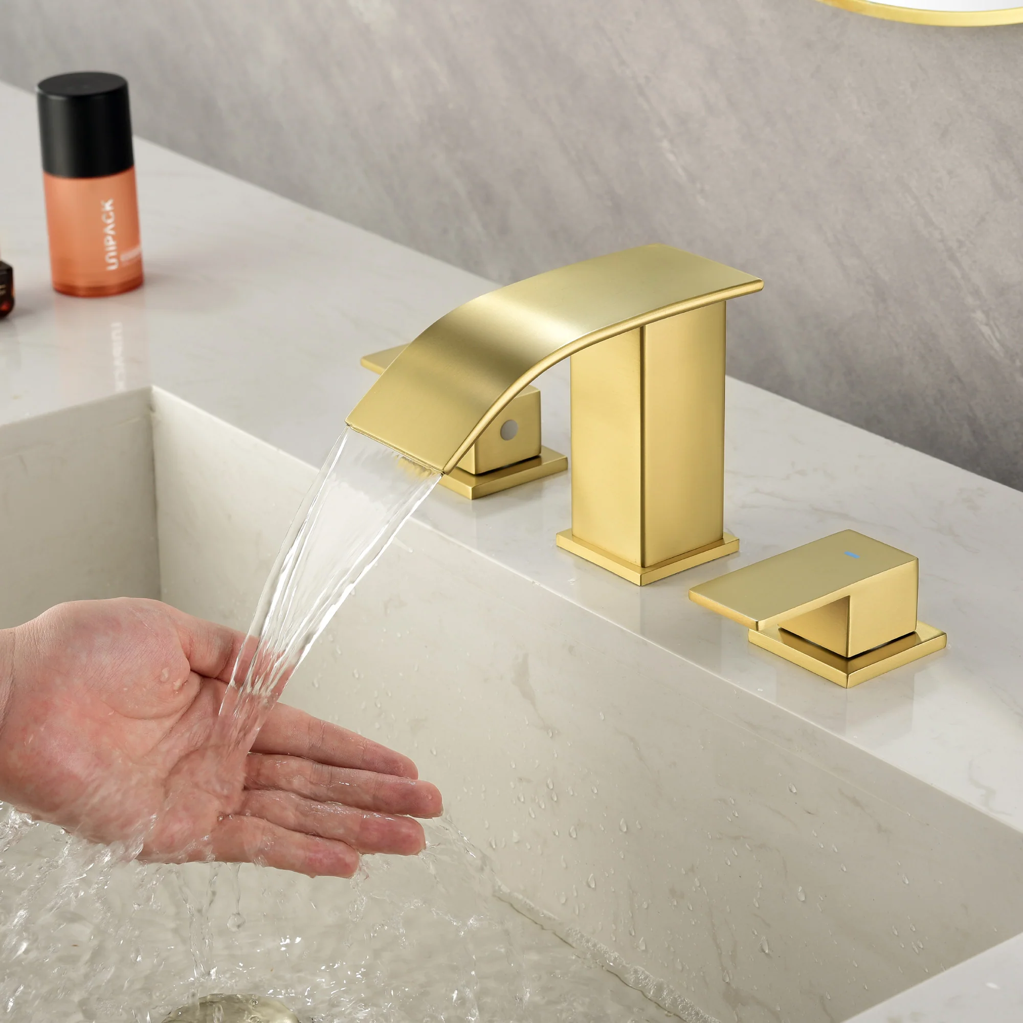 8 Inch Widespread Bathroom Faucet Double Handle 3 Hole Waterfall Bathroom Vanity Faucet with Pop-Up Drain For Sink